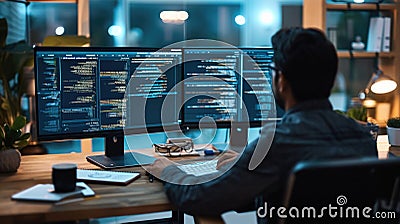 Software Developer Working on Code in Dual Monitor Setup AIG41 Stock Photo