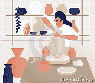 Focused woman making pot on potter`s wheel vector flat illustration. Ceramist female at pottery workshop or courses Vector Illustration