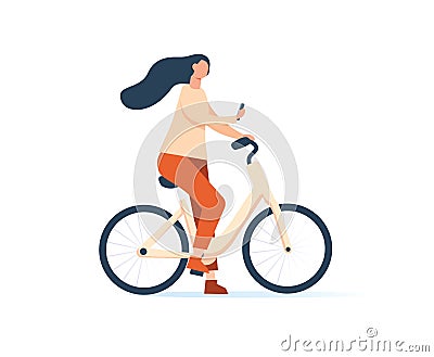 Focused woman using smartphone sitting on bicycle vector flat illustration. Busy female in red, white suit with mobile Vector Illustration