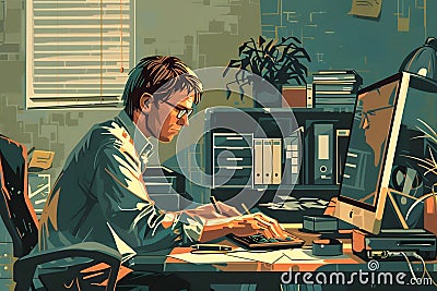 Focused Worker Diligently Designs Documents Using Computer and Graphics Tablet in Office Setting, Enhancing Product Stock Photo