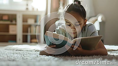 Generative AI. Young Girl Engrossed in Reading a Book on the Living Room Floor. Copy space Stock Photo