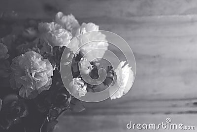 Focusing a group of plastic flower in the vase on wooden surface background. Stock Photo