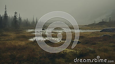 Eerily Realistic Fogy Grassland Lake In Hyperrealistic Style Stock Photo