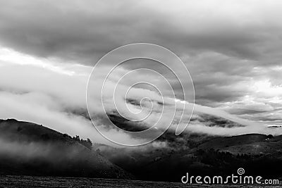 Fog covering some mountains and trees Stock Photo