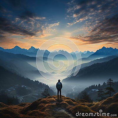 Fog draped peaks, backpackers silhouette, arms extended, immersed in morning mountain beauty Stock Photo