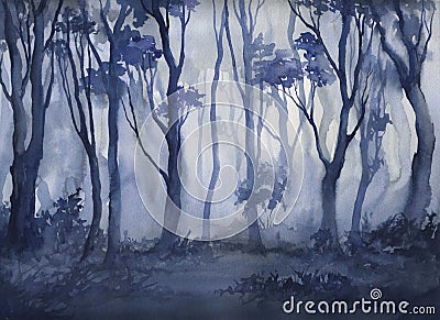 Fog in the forest, hand drawing watercolor illustration Cartoon Illustration