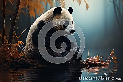 Fog kissed forest, panda sits near pond a tranquil illustrated setting Stock Photo