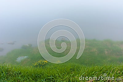 fog on the lake. grassy shore with rocks Stock Photo