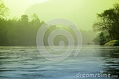 Fog mystic river and forest landscape Stock Photo