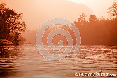 Fog mystic river and forest landscape. Stock Photo