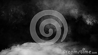 Realistic dry ice smoke floor. Clouds fog overlays perfect texture. Isolated misty on black background Stock Photo