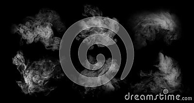 Fog or smoke set isolated on black background. White cloudiness, mist or smog background Stock Photo