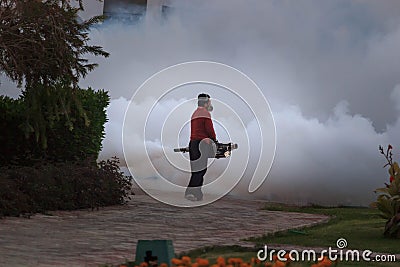 Fogging to prevent spread of dengue fever Stock Photo