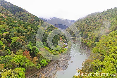 Foggy afternoon at Hozugawa River at Arashiyama park in Kyoto, J Stock Photo