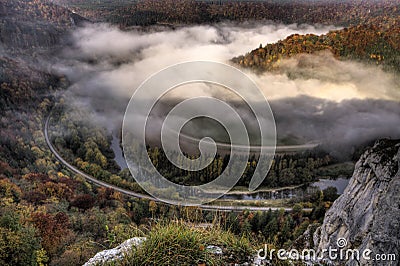 Foggy Autumn in the Donau vally in Germany Stock Photo