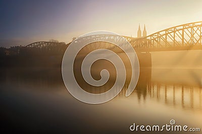 Foggy autumn morning. Misty Vysehrad church. Prague, Czech republic Stock Photo