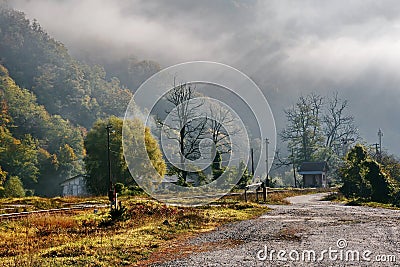 Foggy Autumn Morning in Romania Stock Photo