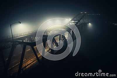 The foggy bridge with a street light on the side. The night bridge covered in the fog. Generative AI Cartoon Illustration