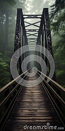 Foggy Bridge In The Woods: A Dark Bronze And Green Adventure Stock Photo