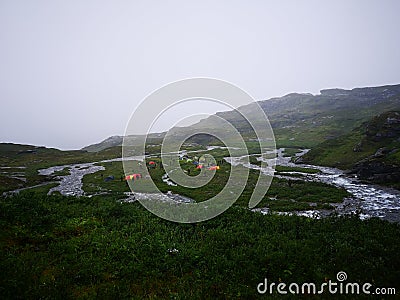 Foggy camp site Stock Photo