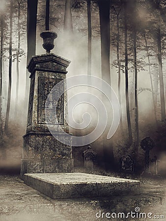 Foggy cemetery in the woods Stock Photo