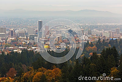 Foggy Fall Day over Downtown Portland Oregon USA Stock Photo