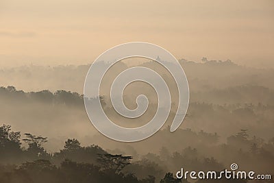 Foggy Early Morning Borobudur Famous Temple Silhoulette Stock Photo
