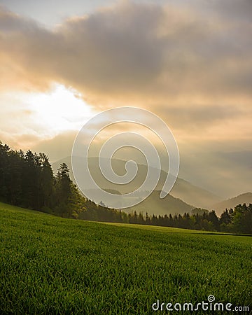 Foggy epic sunrise countryside panorama, valley, hills, field, forest, sun breaking through the clouds Stock Photo