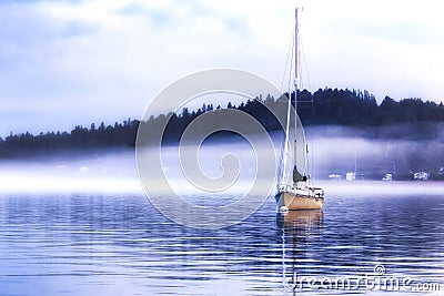 Foggy Evening in the Harbor Stock Photo