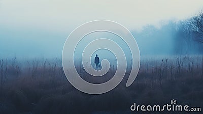 Eerie Landscape Photography: Solitary Figure In Misty Field Stock Photo