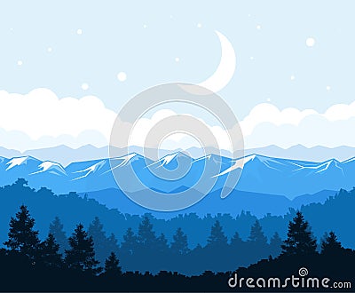 Foggy forest at the foot of mountains - rocks landscape Vector Illustration