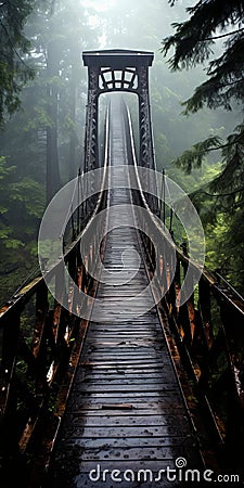 Stunning Photo Of A Metal Foot Bridge In A Dark Forest Stock Photo