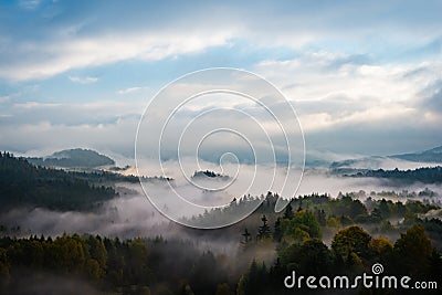 Foggy forests of Bohemian Switzerland, Czech republic Stock Photo