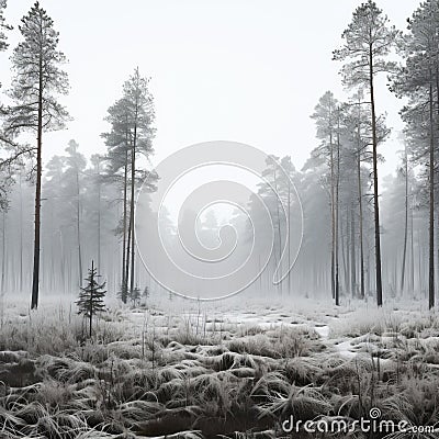 Serene Taiga Forest: Hyperrealistic Landscapes Of Frosty Finland Stock Photo