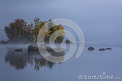 Foggy Lake - Island with Colorful Trees - Autumn / Fall - Vermont Stock Photo