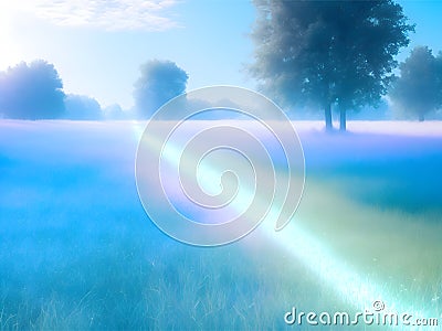 A foggy meadow in the morning. The grass is green and lush, and the fog is thick and white Stock Photo