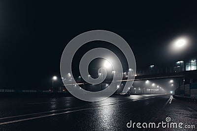 Foggy misty night road and overhead pedestrian bridge illuminated by street lights Stock Photo