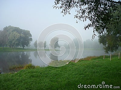Foggy morning on the lake Stock Photo