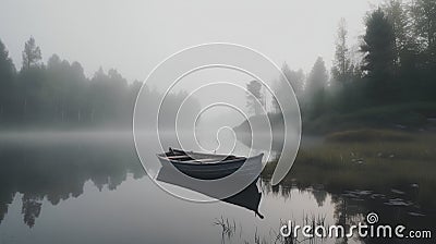 Foggy morning on the lake with wooden boat in the foreground Stock Photo
