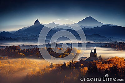 Foggy morning in the mountains. Bled, Slovenia. Stock Photo