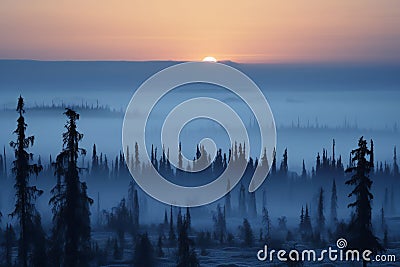 Foggy morning in the mountains, Sunrise in the forest Cartoon Illustration