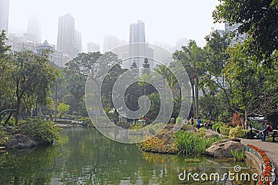 Foggy morning in the park, Hong Kong, Asia Editorial Stock Photo