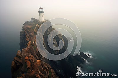 foggy morning surrounding an isolated lighthouse on a cliff Stock Photo