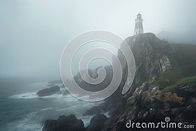 foggy morning surrounding an isolated lighthouse on a cliff Stock Photo