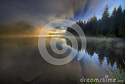 Foggy Morning at Trillium Lake Stock Photo