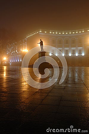 Foggy night in town, Odessa,Ukraine Stock Photo