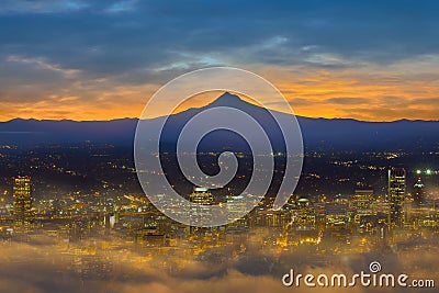 Foggy Portland City Downtown at Dawn USA America Stock Photo