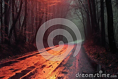 Foggy road in the dark forest at night, Nature background Cartoon Illustration