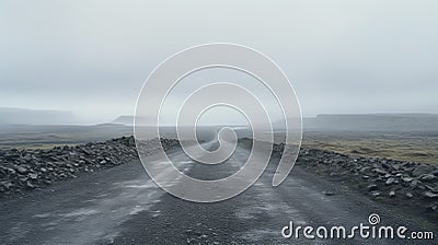 Foggy Road In Iceland: Flattened Perspective And Romantic Scenery Stock Photo