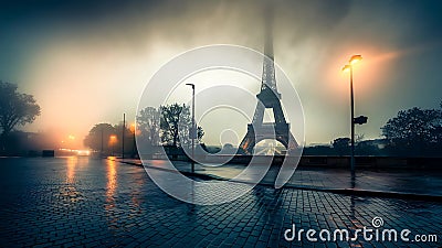 a foggy scene of the Eiffel Tower in Paris, positioned slightly off to the side image created with ai. Stock Photo